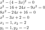 x^2-(4-3x)^2=0\\x^2-16+24x-9x^2=0\\8x^2-24x+16=0\\x^2-3x+2=0\\x_1=1, x_2=2\\y_1=1, y_2=-2