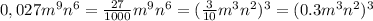 0,027m^{9}n^{6}=\frac{27}{1000}m^{9}n^{6}=(\frac{3}{10}m^{3}n^{2})^{3}=(0.3m^{3}n^{2})^{3}