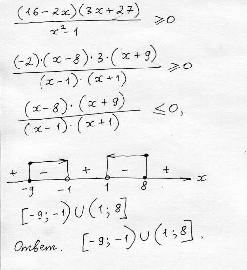  \frac{(16 - 2x)(3x + 27)}{ {x}^{2} - 1 } \geqslant 0