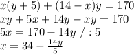x(y+5)+(14-x)y=170\\xy+5x+14y-xy=170\\5x= 170-14y\ /:5\\x=34-\frac{14y}{5}