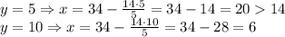 y=5 \Rightarrow x=34-\frac{14\cdot5}{5}=34-14=2014\\y=10 \Rightarrow x=34-\frac{14\cdot10}{5}=34-28=6