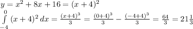 y=x^2+8x+16=(x+4)^2 \\ \int\limits^0_{-4} {(x+4)^2} \, dx=\frac{(x+4)^3}{3}= \frac{(0+4)^3}{3}-\frac{(-4+4)^3}{3}=\frac{64}{3}=21\frac{1}{3}