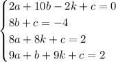 \begin{cases}2a + 10b - 2k + c = 0\\8b + c = -4\\8a + 8k + c = 2\\9a + b + 9k + c = 2\end{cases}