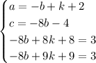 \begin{cases}a =-b+k+2\\c = -8b-4\\- 8b + 8k + 8 = 3\\-8b+9k +9 = 3\end{cases}