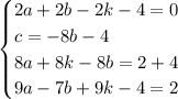 \begin{cases}2a + 2b - 2k - 4 = 0\\c = -8b-4\\8a + 8k -8b = 2+4\\9a - 7b + 9k - 4 = 2\end{cases}