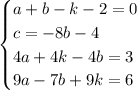 \begin{cases}a + b - k - 2 = 0\\c = -8b-4\\4a + 4k -4b = 3\\9a - 7b + 9k = 6\end{cases}