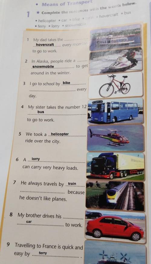 Complete the sentences with the words below.hovercraft • bus• helicopter • car • bike train• ferry •