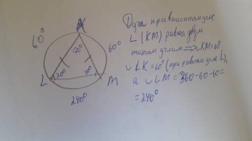 20 ! равнобедренный треугольник кlm (kl=km) вписан в окружность. угол при вершине l равен 30 градусо