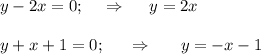y-2x=0;~~~\Rightarrow~~~~ y=2x\\ \\ y+x+1=0;~~~~\Rightarrow~~~~~ y=-x-1