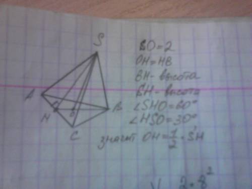 Висота правильної трикутної піраміди дорівнює 2 .обчисліть об'єм піраміди якщо бічні грані утворюють