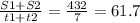 \frac{S1 + S2}{t1 + t2}=\frac{432}{7}=61.7