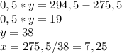 0,5 * y = 294,5 - 275,5\\0,5 * y = 19\\ y =38\\x = 275,5 / 38 = 7,25