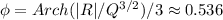 \phi=Arch(|R|/Q^{3/2})/3\approx0.536