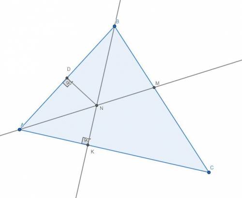 Востроугольном треугольнике abc проведены биссектриса am и высота bk, они пересекаются в точке n, от