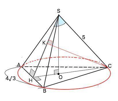 Вправильной треугольной пирамиде sabc сторона основания ab =4корня из 3, а боковое ребро sa = 5. най