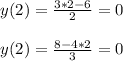 y(2)=\frac{3*2-6}{2} =0\\\\y(2)=\frac{8-4*2}{3}=0