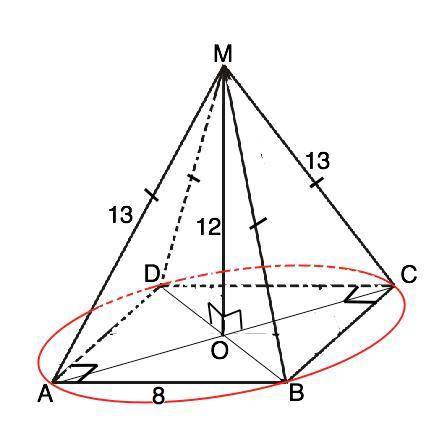 Основание пирамиды прямоугольник одна из сторон которого равна 8 все боковые рёбра пирамиды равны 13