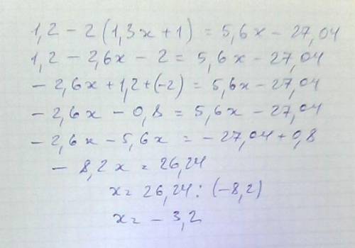 Решите уравнение: 1,2 - 2(1,3х+1) = 5,6х - 27,04