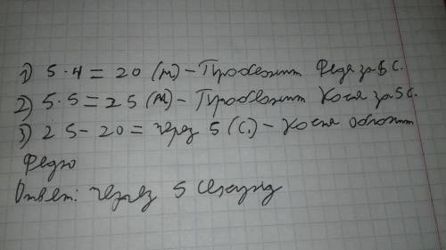 Коля и федя соревнуются в беге на 100 м.костя бежит со скоростью 4 м/с,а федя-со скоростью 5 м/с.на