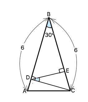 Вравнобедренном треугольнике  abcabcугол  bb  равен  30∘30∘,  ab=bc=6ab=bc=