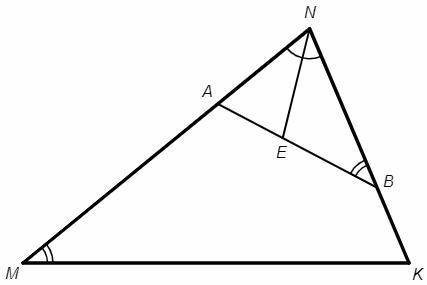 На сторонах mn и nk ∆ mnk взяты точки a и b соответственно так, что угол abn=углу m. отрезок ne явля