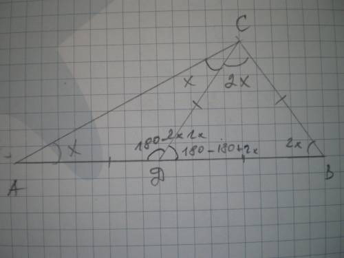 Решить : в треугольника авс прямая сd делит угол авс в отношении 1: 2. отрезки ad=dc=cb. найдите угл