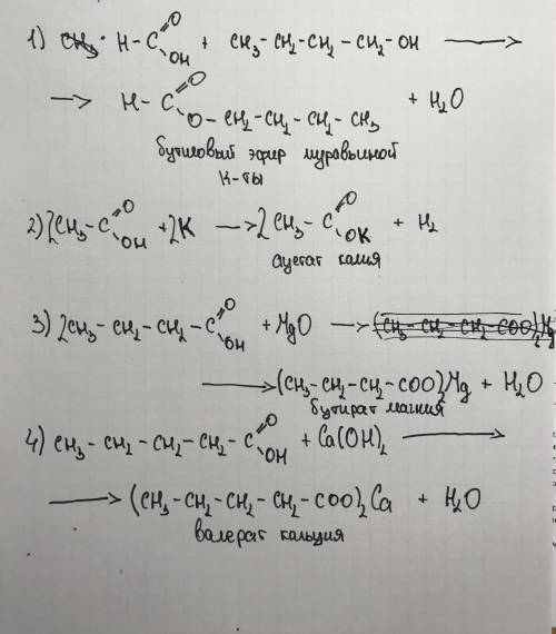 Закончить уравнения и дать название веществам 1) метановая кислота + бутанол 2) этановая кислота + к
