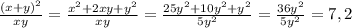 \frac{(x+y)^2}{xy}=\frac{x^2+2xy+y^2}{xy}=\frac{25y^2+10y^2+y^2}{5y^2}=\frac{36y^2}{5y^2}=7,2