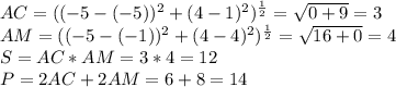 AC=((-5-(-5))^2+(4-1)^2)^{\frac{1}{2}}=\sqrt{0+9} =3\\AM=((-5-(-1))^2+(4-4)^2)^{\frac{1}{2}}=\sqrt{16+0} =4\\S=AC*AM=3*4=12\\P=2AC+2AM=6+8=14