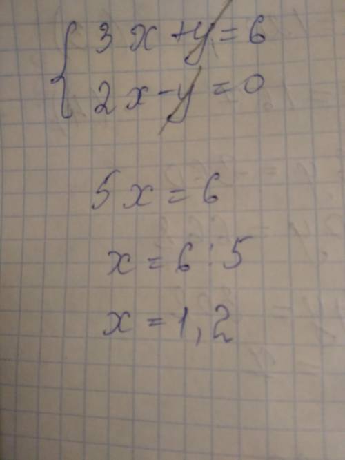 Найди значение переменной x , если {3x+y=6 2x−y=0 ответ: x= .