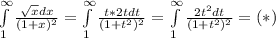 \int\limits^ \infty_1 {\frac{\sqrt{x}dx }{(1+x)^2} } =\int\limits^\infty_1 {\frac{t*2tdt}{(1+t^2)^2} } =\int\limits^\infty_1 {\frac{2t^2dt}{(1+t^2)^2} } =(*)