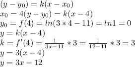 (y-y_{0})=k(x-x_{0})\\ x_{0}=4 (y-y_{0})=k(x-4)\\ y_{0}=f(4)=ln(3*4-11)=ln1=0\\ y=k(x-4)\\ k=f'(4)=\frac{1}{3x-11}*3=\frac{1}{12-11}*3=3\\ y=3(x-4)\\ y=3x-12