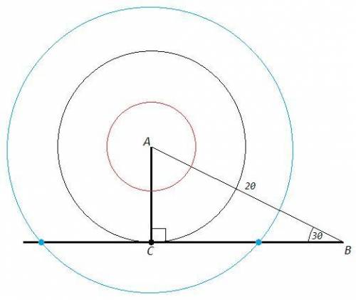 Впрямоугольном треугольнике abc ( угол с равен 90°) ав=20см угол авс=30° с центром в точке а проведе