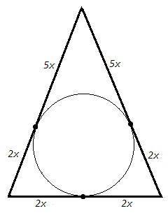 Боковая сторона равнобедренного треугольника делится точкой касания вписанной окружности в отношении