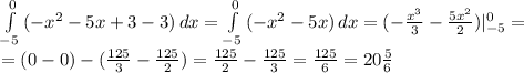 \int\limits^0_{-5} {(-x^2-5x+3-3)} \, dx=\int\limits^0_{-5} {(-x^2-5x)} \, dx=(-\frac{x^3}{3}-\frac{5x^2}{2})|\limits^0_{-5}=\\=(0-0)-(\frac{125}{3}-\frac{125}{2})=\frac{125}{2}-\frac{125}{3}=\frac{125}{6}=20\frac{5}{6}