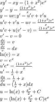 xy'-xy=(1+x^2)e^x\\y'-y=\frac{(1+x^2)e^x}{x}\\y=uv;y'=u'v+v'u\\u'v+v'u-uv=\frac{(1+x^2)e^x}{x}\\u'v+u(v'-v)=\frac{(1+x^2)e^x}{x}\\v'-v=0\\\frac{dv}{dx}=v\\\frac{dv}{v}=dx\\\ln(v)=x\\v=e^x\\u'e^x=\frac{(1+x^2)e^x}{x}\\u'=\frac{1}{x}+x\\\frac{du}{dx}=\frac{1}{x}+x\\du=(\frac{1}{x}+x)dx\\u=\ln(x)+\frac{x^2}{2}+C\\y=(\ln(x)+\frac{x^2}{2}+C)e^x