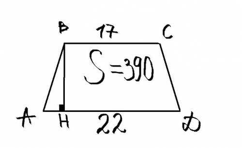 Cрочно ! дано равнобедренная трапеция вс 17 см ад 22 см площаль трапеции 390 см найти высоту вн ?