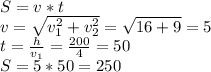 S=v*t\\ v=\sqrt{v^2_{1}+v^2_{2}}=\sqrt{16+9}=5\\ t=\frac{h}{v_1}=\frac{200}{4}=50\\ S=5*50=250