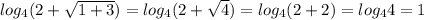 log_{4}(2+\sqrt{1+3})=log_{4}(2+\sqrt4)=log_{4}(2+2)=log_{4}4=1