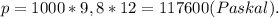 p =1000*9,8*12 = 117600(Paskal).