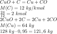 CuO + C = Cu + CO\\ M(C) = 12\ kg/kmol\\ \frac{24}{12}=2\ kmol\\ 2CuO + 2C = 2Cu + 2CO\\ M(Cu) = 64\ kg\kmol\\ 128\ kg\kmol \cdot 0,95=121,6\ kg
