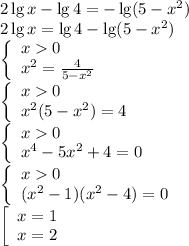 2\lg x-\lg 4=-\lg(5-x^2)\\2\lg x=\lg4-\lg(5-x^2)\\ \left\lbrace\begin{array}{l} x0\\x^2=\frac{4}{5-x^2}\end{array}\right.\\\left\lbrace\begin{array}{l} x0\\x^2(5-x^2)=4\end{array}\right.\\\left\lbrace\begin{array}{l} x0\\x^4-5x^2+4=0\end{array}\right.\\\left\lbrace\begin{array}{l} x0\\(x^2-1)(x^2-4)=0\end{array}\right.\\ \left[\begin{array}{l}x=1\\x=2 \end{array}\right.