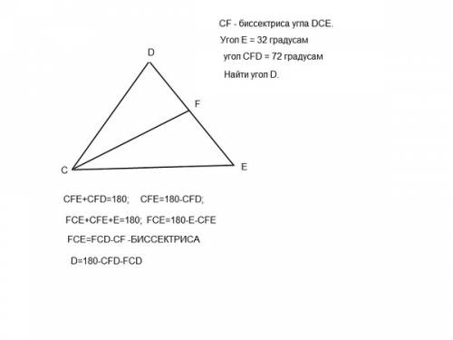 Дано: треугольник cde, угол е=32 градусам, cf - биссектриса, угол cfd= 72 градусам найти: угол d(нуж