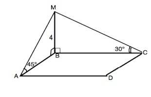 Abcd прямоугольник mb перпендикулярна abcd, mb=4см,угол mab=45 градусов,угол mbc=30 градусов,найти a