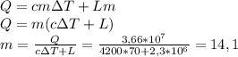 Q=cm\Delta T + Lm\\ Q=m(c\Delta T+L)\\ m=\frac{Q}{c\Delta T+L}=\frac{3,66*10^7}{4200*70+2,3*10^6}=14,1