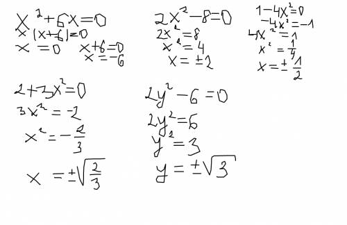 Х(в квадрате)+6х=0 2х(в квадрате)-8=0 1-4х(в квадрате)=0 2+3х(в квадрате)=0 2у(в квадрате)-6=0