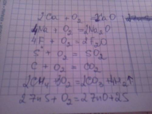 Напишите уравнений реакции с кислородом: са,na,f,s,c,ch4,zns