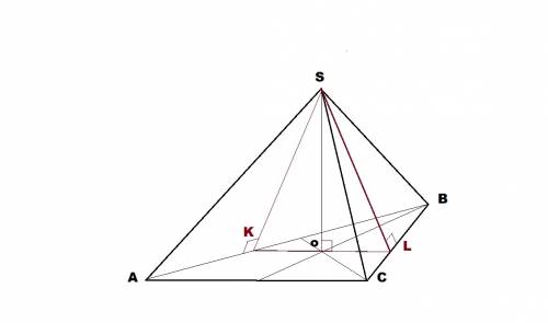 Вправильной треугольной пирамиде sabc ребра ba и bc разделены точками k и l так , что bk=bl=4 и ka=l