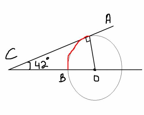 Угол асо равен 42 градуса, где о - центр окружности. его сторона са касается окружности. найдите вел