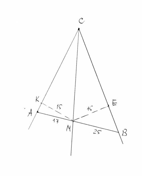 Втреугольнике авс на стороне ав взята точка м так, что ам: вм=17: 25. окружность радиуса 15 с центро